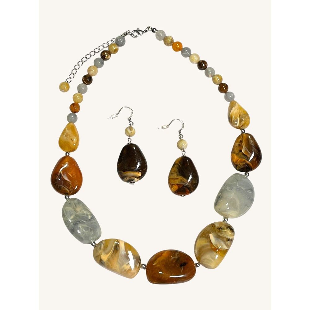 Chunky Necklace Earrings Set Imitation Gem Stone Rocks Boho Hippie Lightweight